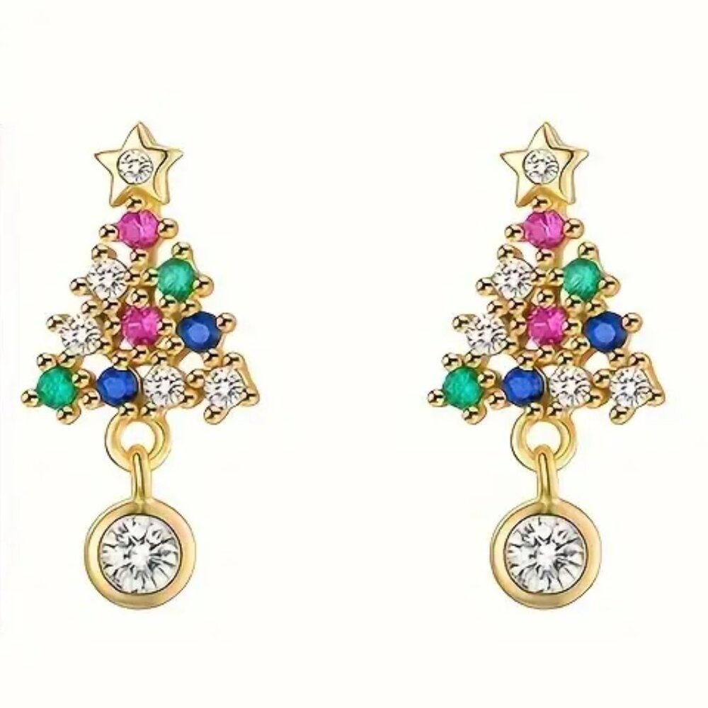 NEW Goldtone multicolor bezel pave set CZ Christmas stud earrings- small cute - Picture 2 of 6